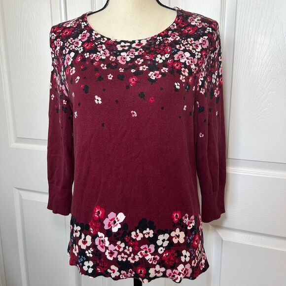 Land's End Red Pink‎ Floral Crewneck Sweater Supima Cotton MP Medium Petite - Picture 1 of 8